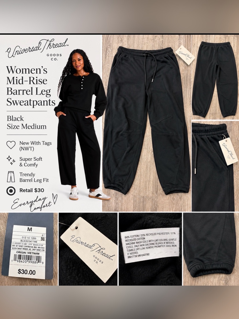 Universal Thread Women’s Mid-Rise Barrel Leg Sweatpants Black Size M NWT